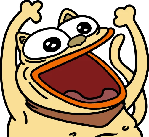 CHONKY, a big happy cartoon cat, cheering